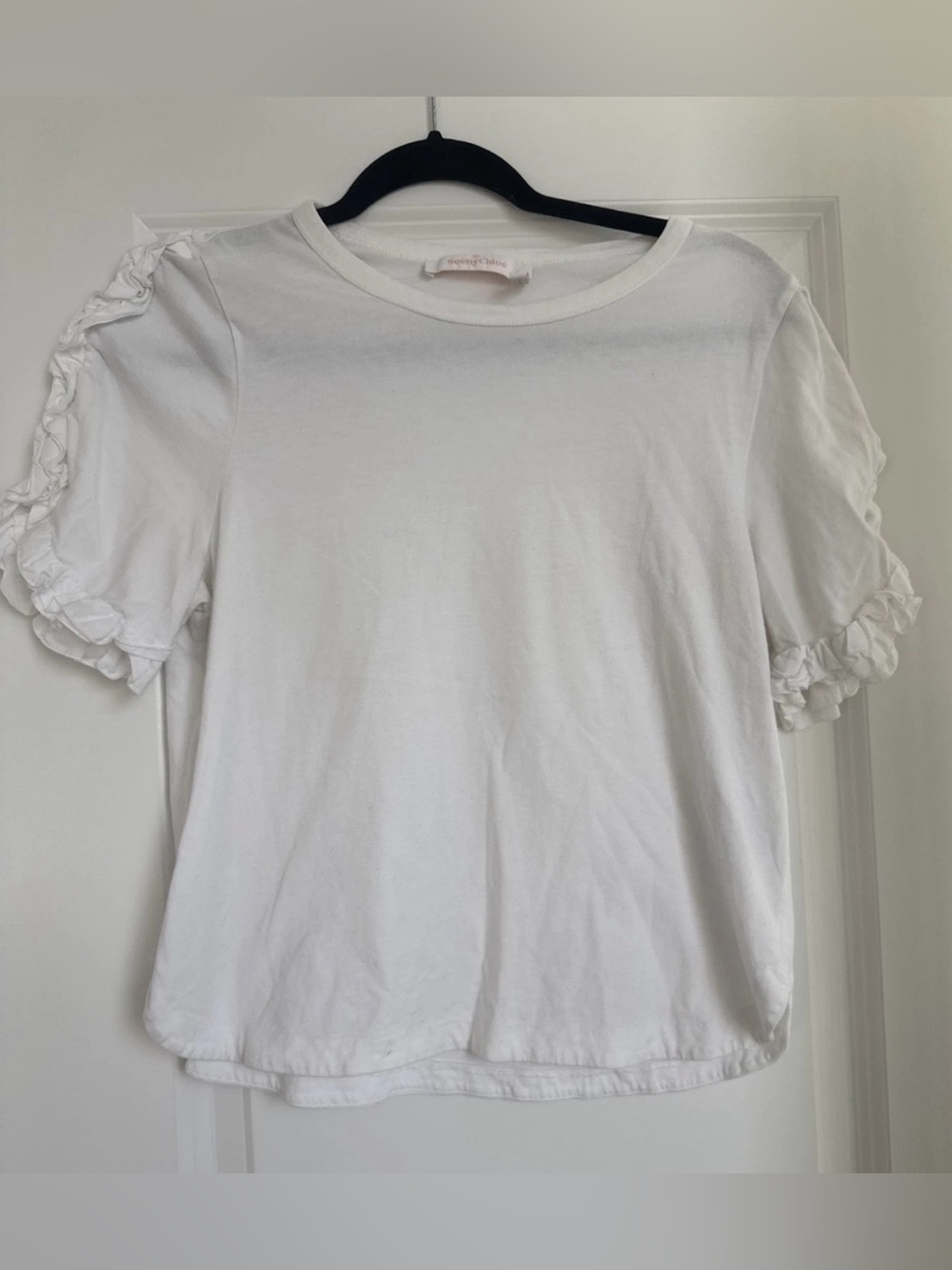 See by Chloe White Short Sleeve Tee Ruffle Top Women’s Size Medium